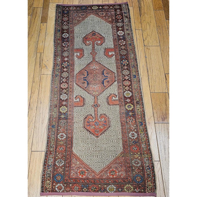 Antique Persian Malayer Runner Rug, Hand-Knotted Wool, Geometric Pattern, 3x7, Camelhair & Burgundy For Sale In Chicago - Image 6 of 14