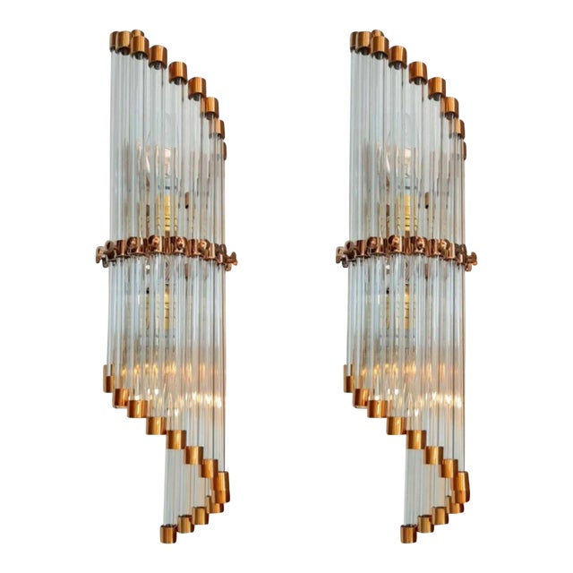 Vintage Art Deco Skyscraper Rod Ship Light Wall Sconces in Copper & Glass - a Pair For Sale