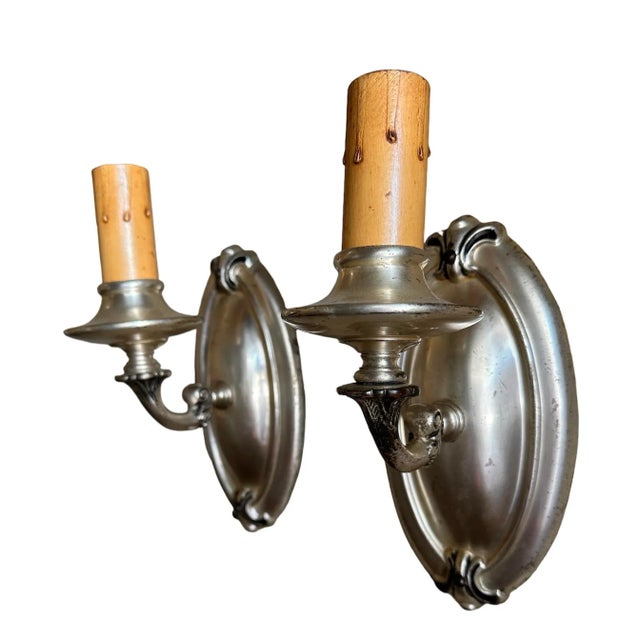 Silver Pair Brass With Original Silver Plate Finish Wall Scones Circa 1930 For Sale - Image 8 of 8