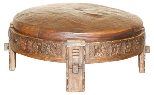 Antique Hand-Carved Footstool in Brown Leather, 1850