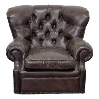 Restoration Hardware Churchill Brown Leather Lounge Chair With Rolled Arms For Sale