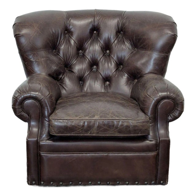 Restoration Hardware Churchill Brown Leather Lounge Chair With Rolled Arms For Sale