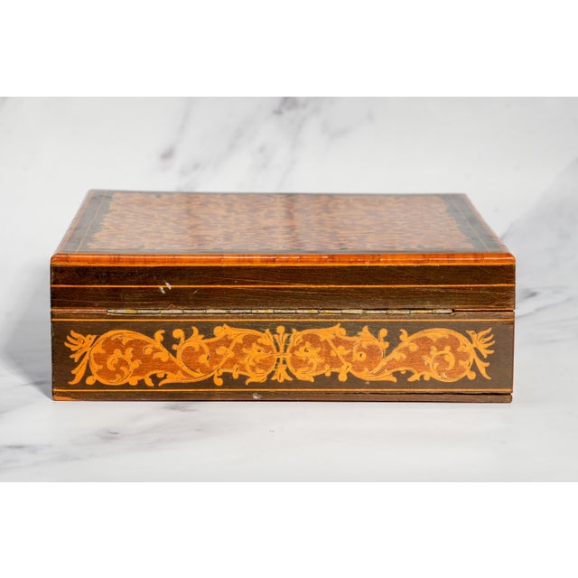 Intricate Patterned Large Antique Victorian Grand Tour Sorrento Ware Inlaid Wood Trinket Jewelry Box For Sale - Image 11 of 15