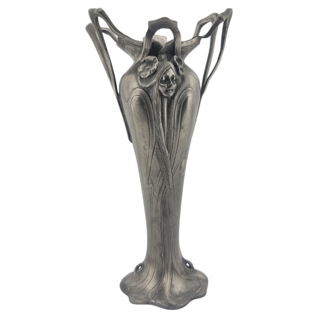 Antique Pewter Art Nouveau Vase Tin Woman Flowers For Sale - Image 16 of 16