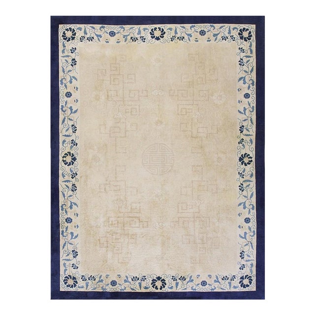 1930s Beige Open Field Light Blue Floral Shou Symbols Antique Chinese Peking Rug For Sale