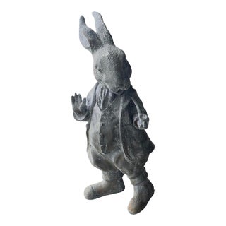 Vintage Whimsical Cast Iron Dapper Rabbit Garden Statue Holding a Pipe For Sale