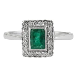 Octagon Cut Geometric Zambian Emerald Ring With Diamond Halo in Silver, Size 6.5 For Sale