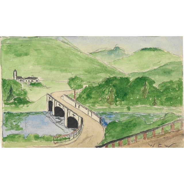 1940s drawing and watercolor of a bridge over the Deerfield River by William E. Wood, a Devon artist in England. Signed...