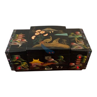 Vintage Mother of Pearl Inlay Chinoiserie Black Lacquer Hand Painted Music Box For Sale