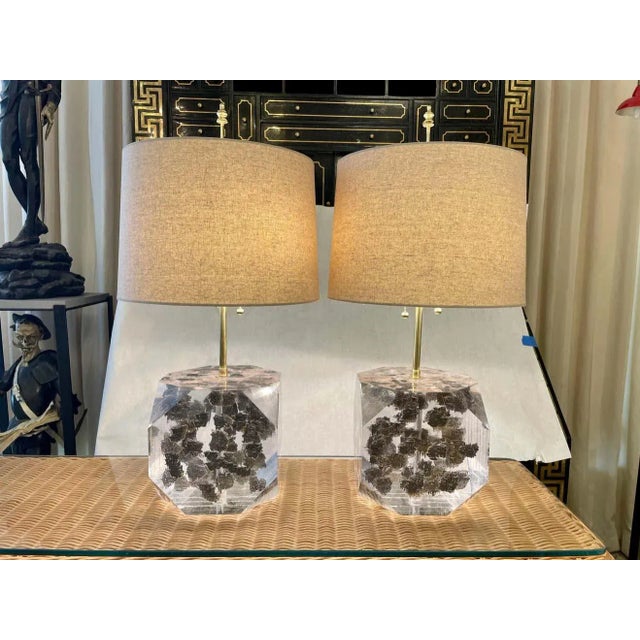 Metal Lucite Layered Hexagonal Block Lamps by Freda Koblick - A Pair For Sale - Image 7 of 11