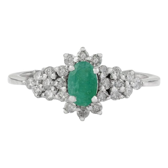 Art Deco Oval Emerald & Diamond Halo Cluster Ring in Silver, Size 7.5 For Sale