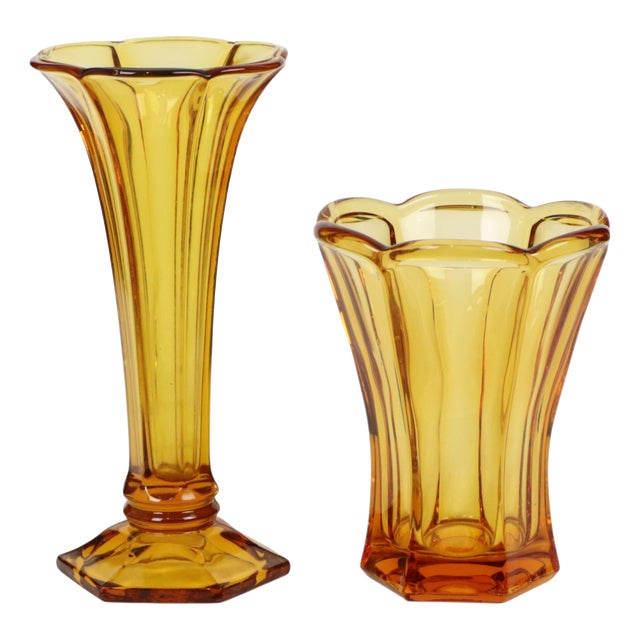 Art Deco Luxval Series Américain Vases in Amber Glass from Val Saint Lambert, 1935, Set of 2 For Sale