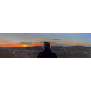 Violent Engines by Brad Davis | Oil on wood panel Landscape with a person viewing a sunset over a city. For Sale