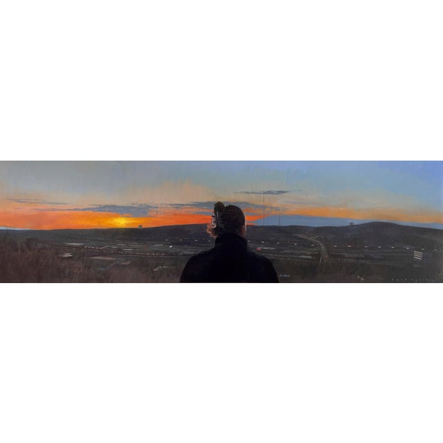 Violent Engines by Brad Davis | Oil on wood panel Landscape with a person viewing a sunset over a city. For Sale