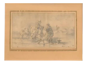 Unknown - Landscape with Men and Horses - Original China Ink and Watercolor - Early 1800