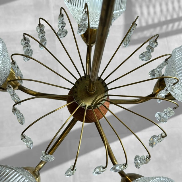 Mid-Century Chandelier in Teak, Brass and Crystal, Sweden, 1950s For Sale - Image 10 of 13