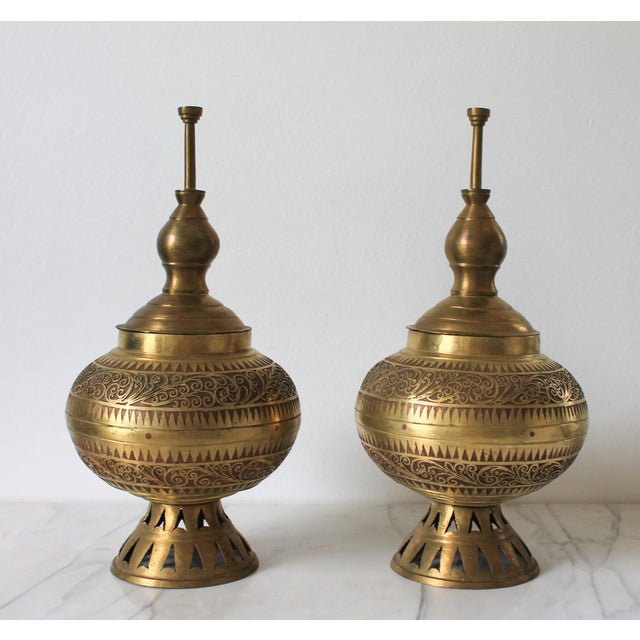 Metal Vintage Etched Brass Asian Philippine Wedding Vessels or Urns - A Pair For Sale - Image 7 of 15