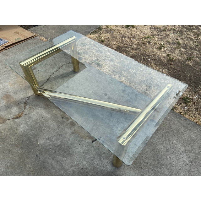 1970s Attributed to Karl Springer Hollywood Regency Style MCM Brass Tubular Coffee Glass Table For Sale - Image 12 of 18