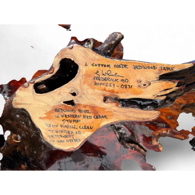 Redwood Live Edge Coffee Table Figured & Burlwood Slab, Western Red Sedar Root Stump For Sale - Image 10 of 17