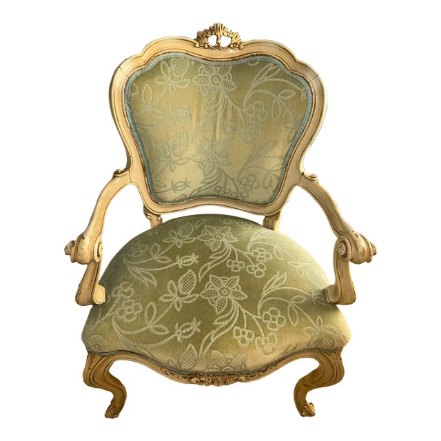 Mid 20th Century Louis XV Style Carved Armchair With Light Green Floral Upholstery For Sale
