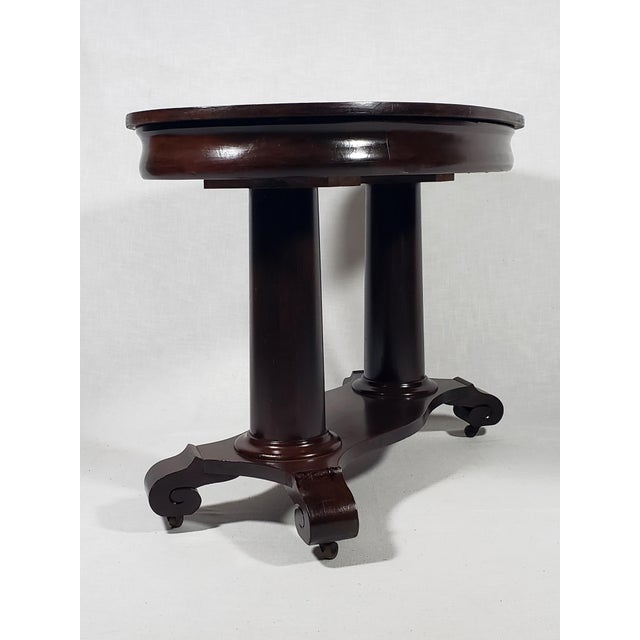 Brown 1940s Vintage Original Empire Style All Wood Double Pedestal Oval Library Table W Drawer & Carved Details For Sale - Image 8 of 12