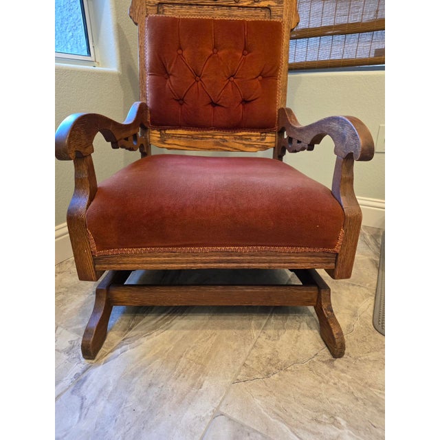 Late 19th Century Antique Late Victorian Quarter Sawn Oak Platform Rocker – Tufted Rust Velvet Accent Rocking Chair For Sale - Image 5 of 10
