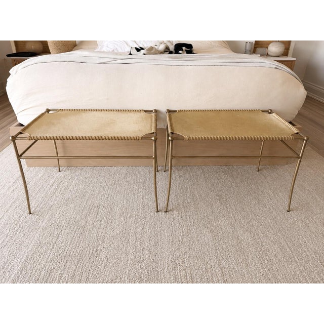 Mid-Century Modern Mid 19th Century Animal Hide and Leather Whipstitch Benches For Sale - Image 3 of 5