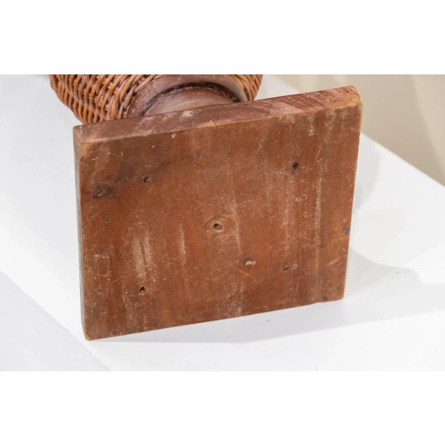 Boho Chic Large Antique Early 20th Century Wicker Vases with a Wooden Pedestal, Set of 2 For Sale - Image 3 of 9