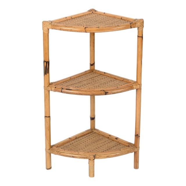 Italian Corner Shelf or Étagère in Bamboo, Rattan and Wicker by Franco Albini, 1970s For Sale