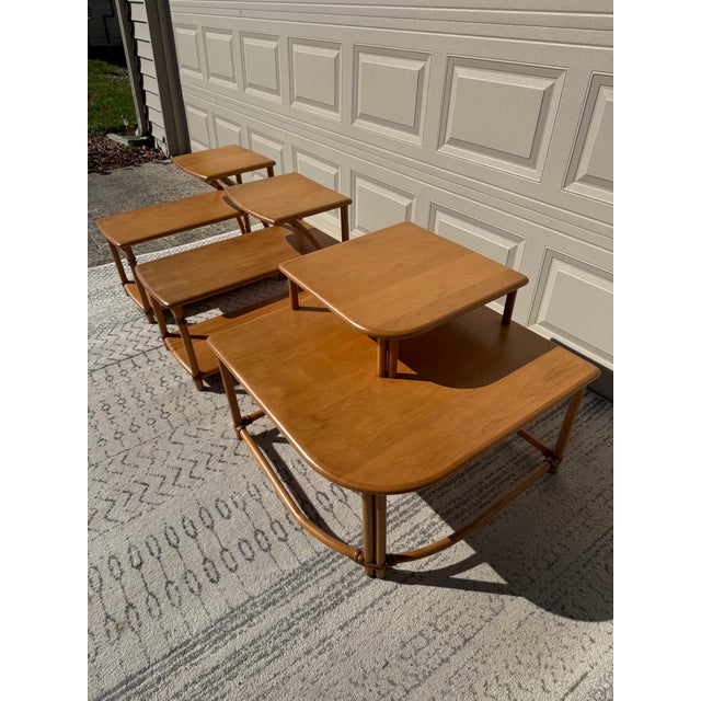 Heywood-Wakefield Heywood Wakefield Ashcraft Line Three Tier Step Tables and Two Tiered Corner Table For Sale - Image 4 of 16