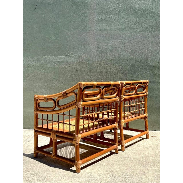 Wood Vintage Loop Rattan Lounge Chairs - A Pair For Sale - Image 7 of 17