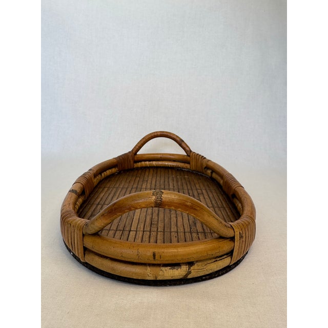 Vintage Bamboo & Pencil Reed Rattan Double Handle Serving Tray in the Style of Gabriella Crespi For Sale In Houston - Image 6 of 12