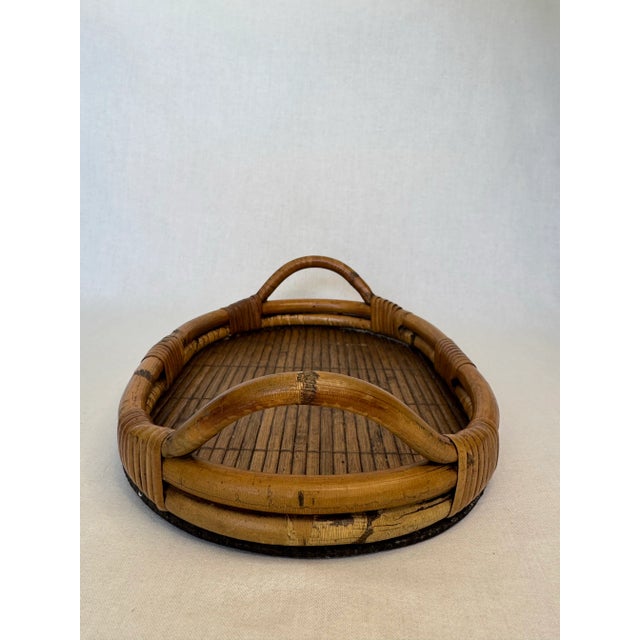 Vintage Coastal Bamboo & Pencil Reed Rattan Double Handle Serving Tray in the Style of Gabriella Crespi For Sale In Houston - Image 6 of 12