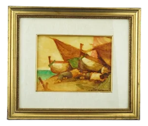 Domenico Chianese, Seascape with Fishermen, 20th Century, Oil Painting on Panel, Framed