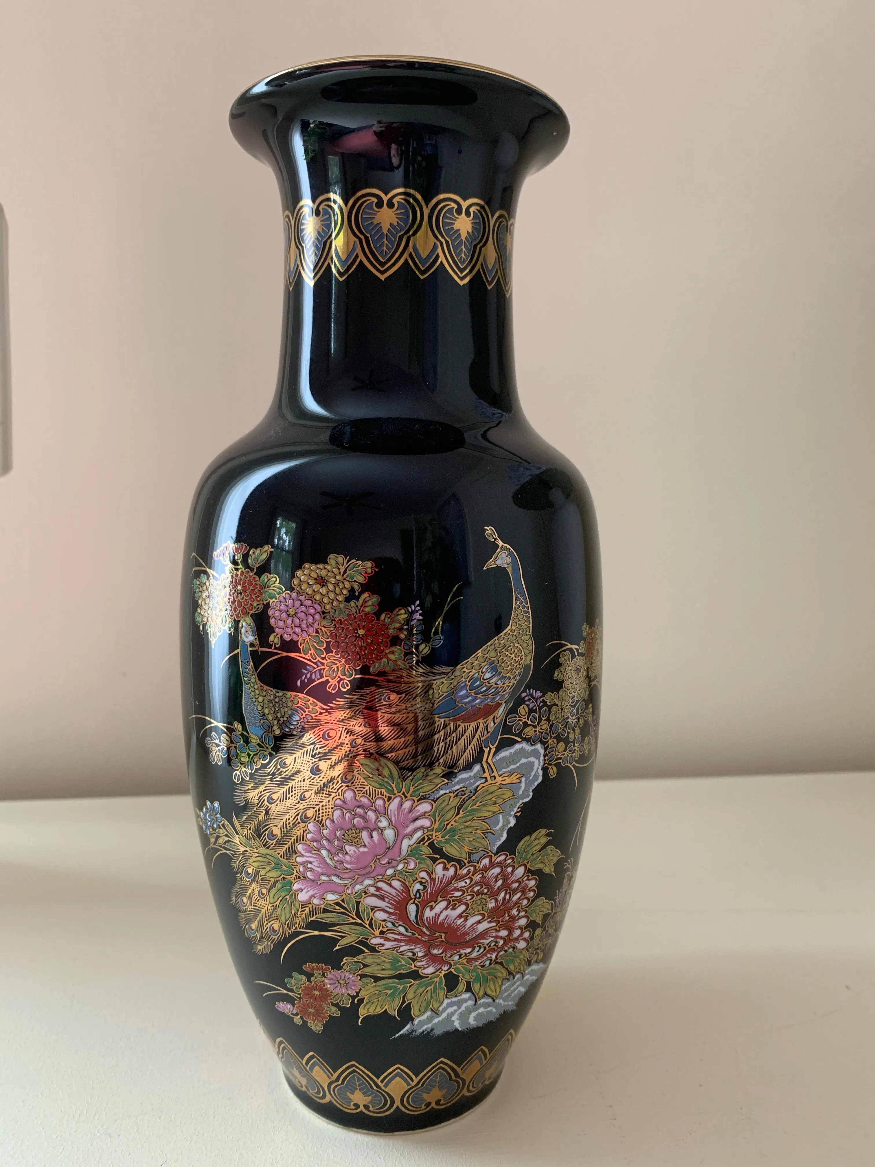 Late 20th Century Japanese Black Ceramic Floral Vase | Chairish