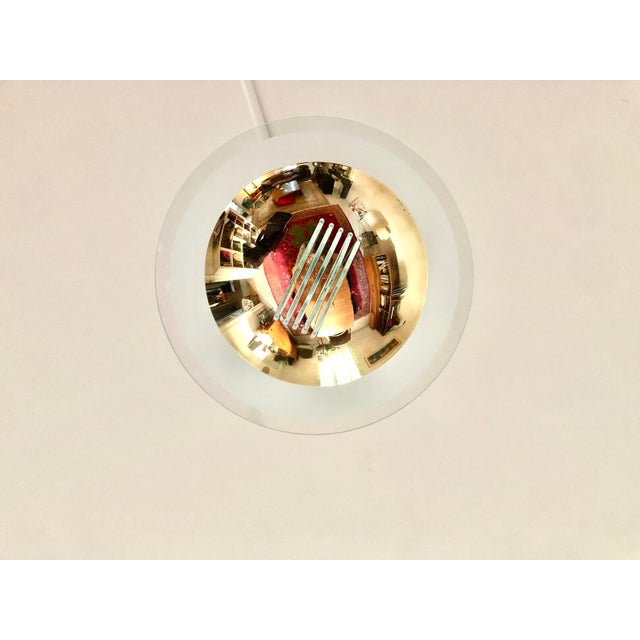 1970s Mid-Century Modern French Brass & Frosted Glass Pendant Light – 24" Luxury Chandelier For Sale - Image 6 of 6