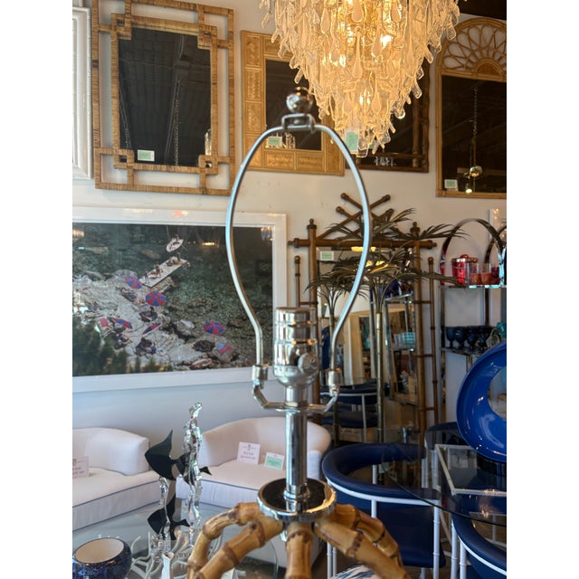 Brown Vintage Modern Italian Bamboo & Chrome Floor Lamps Newly Wired - Pair For Sale - Image 8 of 13