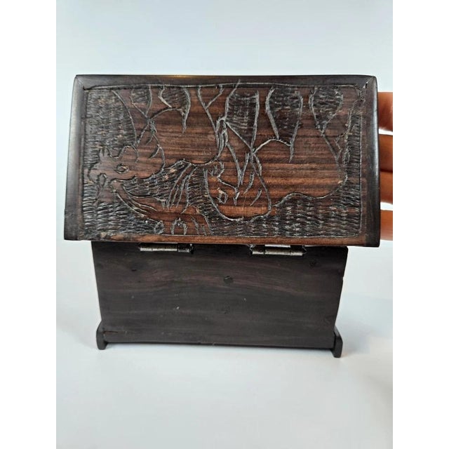 Art Deco Vintage Hand-Carved Dark Wood Elephant Trinket Jewelry Box Hinged Safari Decor For Sale - Image 3 of 18