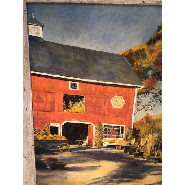 1970s Autumn Barn Landscape and Oil on Canvas of Red Barn Signed J. Preece For Sale - Image 4 of 13
