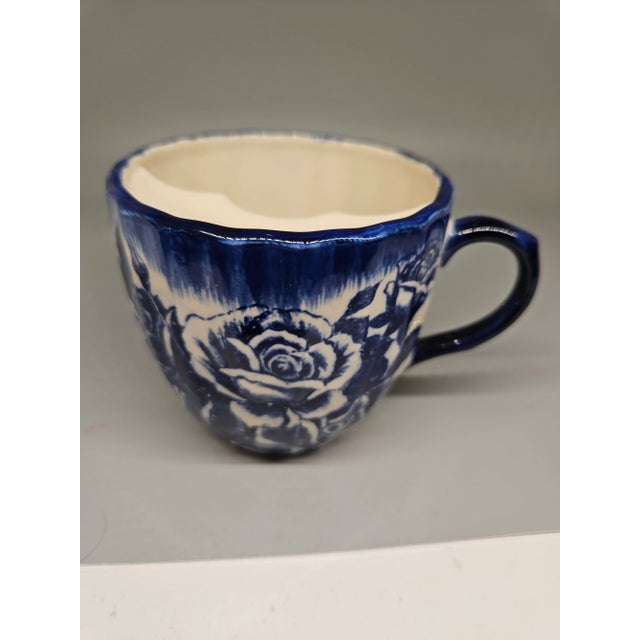 1940s Blue Floral Pattern Vintage Mustache Shaving Mug For Sale - Image 5 of 6