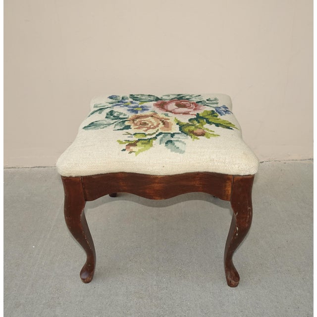 French Provincial Vintage French Provincial Floral Queen Anne Needlepoint Footstool ~ Bench For Sale - Image 3 of 15