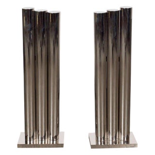Custom Modernist Tubular Polished Nickel Andirons For Sale