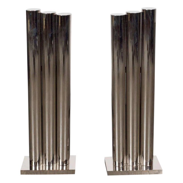 Custom Modernist Tubular Polished Nickel Andirons For Sale