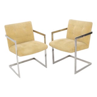 Pair of Stainless Steel Milo Baughman Cube Shape 1970s Camel Dining Chairs CLEAN For Sale