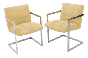 Pair of Stainless Steel Milo Baughman Cube Shape 1970s Camel Dining Chairs CLEAN