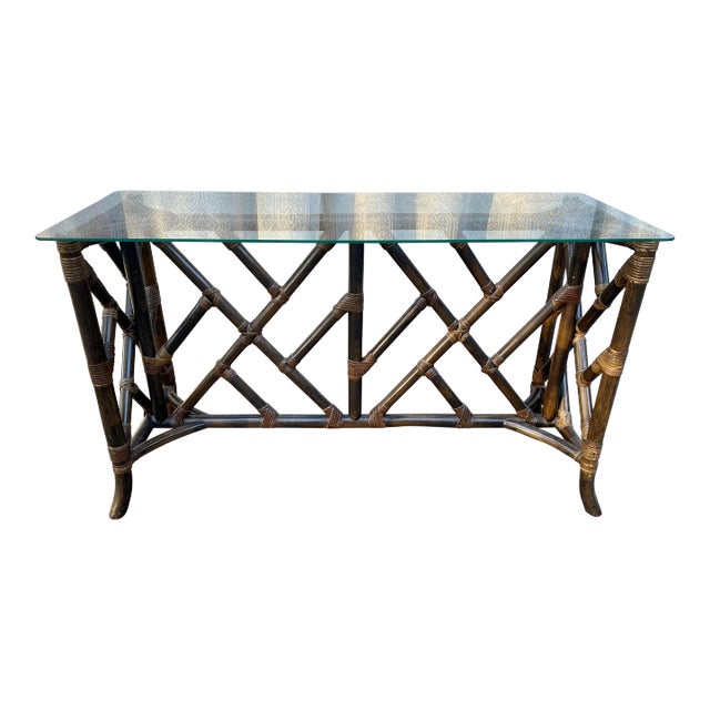 Vintage Rattan Chinese Chippendale Pattern Entry Table For Sale