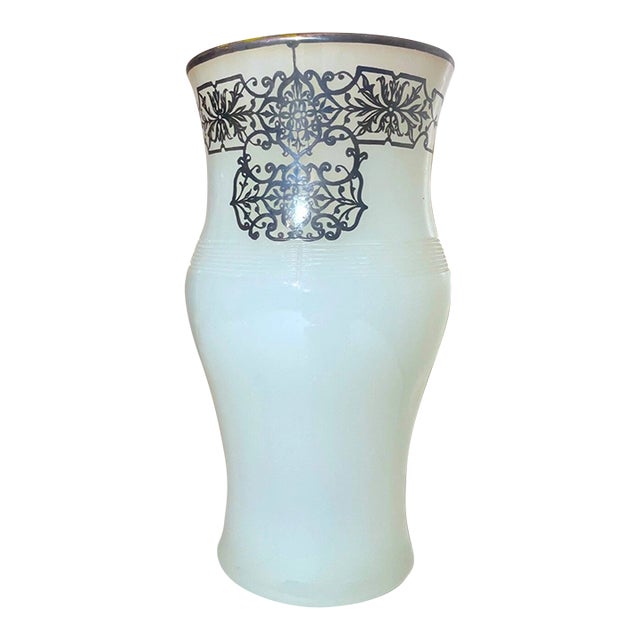 Antique Ornate Sterling Silver Overlaid Opal Opaline Tall Glass Vase For Sale