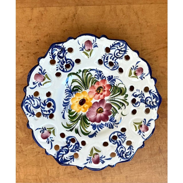 Vintage Portuguese Pierced Ceramic Floral Plate For Sale - Image 4 of 12