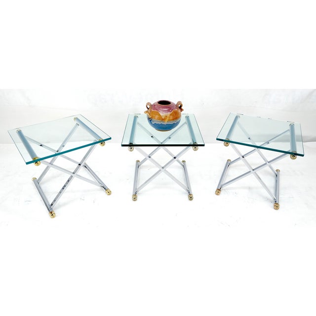 Set of 3 Chrome X Bases Square Glass Tops Occasional Side End Lamp Tables For Sale - Image 6 of 11