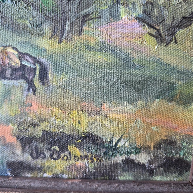 Green VTG Desert Framed Landscape Painting Signed Original Saguero Cacti 10 X 14 Horse For Sale - Image 8 of 16